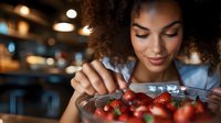 Young woman with curly afro hair smiling while enjoying fresh strawberries in glass bowl at cafe. Natural lighting and bokeh background create cozy atmosphere.