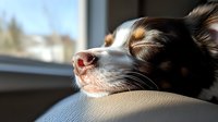 Sleepy brown and white dog resting head on car seat near window, natural sunlight illuminating fur and nose, peaceful relaxed expression during travel.