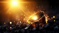 Dramatic glowing meteorite impact with explosive sparks and debris against dark background, illuminated by bright sunburst light effect creating atmospheric scene.