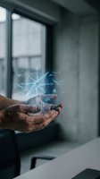Elderly hands holding glowing digital compass with network connections in modern office space for navigation and technology concepts.