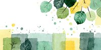 Watercolor landscape with green and yellow aspen leaves floating above abstract forest silhouettes, creating a fresh spring or summer nature scene.