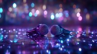 Two professional microphones lying on reflective surface with colorful bokeh lights creating magical atmosphere for music and entertainment background.