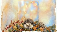 Cute hedgehog surrounded by autumn flowers and foliage on textured watercolor background, suitable for children's books, greeting cards, and seasonal designs.