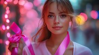 Young woman with gentle smile in soft pink lighting against blurred bokeh background holding gift box, creating romantic festive atmosphere for celebration or holiday.