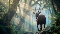 Majestic antelope standing on rocky ledge in misty tropical forest with dramatic sunlight filtering through dense green foliage creating atmospheric wildlife scene.