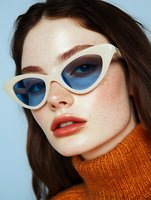 Young woman with freckles wearing white cat-eye sunglasses and orange turtleneck sweater against blue background for fashion and lifestyle content.