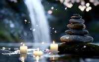 Balanced zen stones with glowing candles near waterfall, falling cherry blossom petals create peaceful spa atmosphere on dark background with bokeh lights.