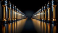 Rows of illuminated golden columns with dark blue tops create symmetrical perspective with dramatic reflections on black surface. Architectural abstract concept.