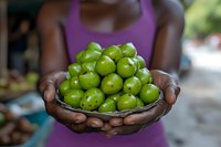 African woman in purple top holding fresh green limes in cupped hands outdoors, tropical fruit harvest concept for healthy eating and agriculture.