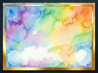 Watercolor rainbow gradient background with soft blended colors flowing from blue, purple, pink, yellow, orange and green, featuring white cloud shapes and gold frame border, suitable for design projects.