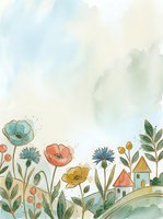 Soft watercolor floral garden with colorful wildflowers and a charming village, pastel tones, copy space for cards and prints.