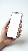 Hand holding modern smartphone with blank white screen mockup for app presentation and mobile interface design projects.