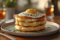 Stacked pancakes topped with whipped cream, runny egg yolk, and microgreens on plate for brunch or breakfast dining.