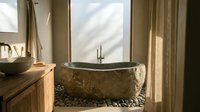 Luxury spa bathroom with natural stone freestanding bathtub, pebble floor, wooden vanity, and soft sunlight creating a serene zen atmosphere.
