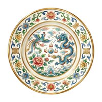 Ornate circular porcelain plate with dragon motif, gold trim, and floral decorative border on white background. Isolated design element suitable for home decor, tableware, and cultural artwork projects.