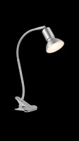 Modern silver clip lamp with flexible gooseneck arm and adjustable spotlight head, isolated on transparent background. Ready for design use on product mockups, clipart, print-on-demand, and sublimation projects.
