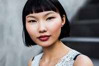 Young Asian woman with short black bob haircut and red lipstick smiling confidently at camera, wearing sleeveless white patterned top against blurred urban background.