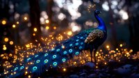 Majestic peacock with vibrant blue feathers standing against magical bokeh lights background at dusk, creating enchanting nature atmosphere with glowing golden particles.