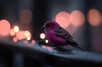 Pink and gray finch perched on railing at dusk with soft glowing bokeh lights creating dreamy atmosphere, side view of small songbird in natural evening setting.