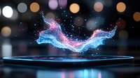 Glowing blue and pink particle wave floating above digital device screen with bokeh lights background, futuristic technology concept for business presentation.
