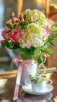 Fresh pink roses and white hydrangea bouquet in elegant porcelain vase with pink ribbon, accompanied by decorative teacup on reflective surface in soft lighting.