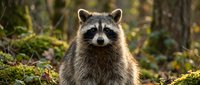 Adorable raccoon sitting in natural forest habitat with moss and fallen leaves, wildlife photography showcasing curious woodland creature in autumn setting.