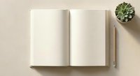 Open blank notebook with clean white pages and wooden pencil on beige background with small succulent plant for creative writing and planning projects.