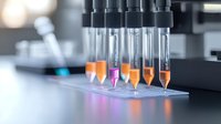 Laboratory test tubes with colorful liquid samples in automated analysis equipment, scientific research and medical diagnostics setup in modern facility.