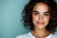 Young Hispanic woman with curly dark hair and bright smile wearing white t-shirt against turquoise background, looking at camera with natural makeup and confident expression.