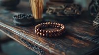 Wooden prayer beads arranged in spiral on rustic dark table with spiritual accessories and incense sticks in moody atmospheric lighting.