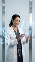 Female scientist in white lab coat analyzing genetic data on tablet with holographic DNA strands in modern laboratory for medical research and biotechnology applications.