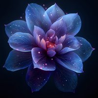 Mystical blue and purple lotus flower with glowing details and sparkling particles against dark background, perfect for spiritual or wellness designs.