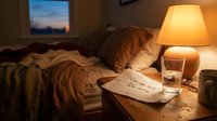 Handwritten note on a nightstand saying Can we talk I am sorry beside a lamp and glass of water in a dimly lit bedroom at dusk.