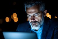 Mature bearded businessman working late on laptop with dramatic blue light illumination and bokeh background, serious concentrated expression.
