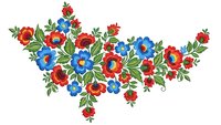 Traditional folk art floral embroidery pattern with red and blue flowers on white background for textile design and crafts.