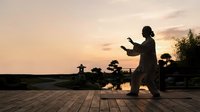 Silhouette of woman in casual attire practicing tai chi or martial arts on wooden deck at sunset, with water and trees in background. Wellness and mindfulness concept.