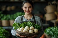 Young Asian female farmer in gray apron holding fresh harvested white turnips and green leaves in rustic wooden bowl against blurred garden background.
