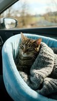 Tabby cat wrapped in knit blanket inside car with scenic countryside view through window during road trip or travel adventure.