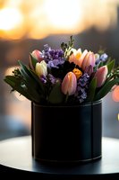 Fresh spring bouquet with pink tulips and purple flowers in black cylindrical vase against blurred sunset background, creating romantic mood lighting.