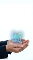 Businessman hands holding glowing holographic growth chart with upward arrow showing business success and financial progress concept.