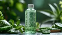 Clear bottle with sparkling water surrounded by fresh green cucumber slices and mint leaves on wooden surface against blurred natural background.