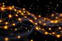 Glowing orange network connections with bright nodes and flowing waves on dark background, abstract technology concept for digital transformation.