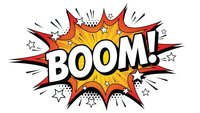 Comic book explosion burst with BOOM text in pop art style featuring dynamic starburst design with halftone dots and motion lines for graphic design projects.