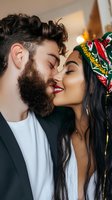 Couple kissing during festive celebration with holiday decorations in background, man with beard and curly dark hair, woman with long black hair and red lipstick.