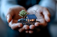 Hands holding miniature eco-friendly house model with solar panel, wind turbine and green tree, representing sustainable living and renewable energy solutions.
