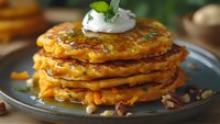 Stack of golden pumpkin pancakes with maple syrup, whipped cream and mint garnish on rustic plate. Autumn breakfast comfort food for seasonal menus.