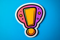 Colorful exclamation mark sticker with retro style design on bright blue background, featuring pink and orange tones with bold outline for creative projects.