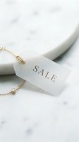 Elegant sale tag on delicate gold diamond bracelet over marble surface, luxury jewelry discount concept for retail and fashion promotion.