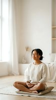 Young woman of mixed ethnicity meditating in lotus position on cushion in bright, minimalist bedroom with natural light and neutral decor for wellness and mindfulness content.