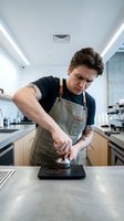Young Caucasian male barista with tattoos tamping espresso grounds in a modern coffee shop, wearing an apron, focused on craft coffee preparation.